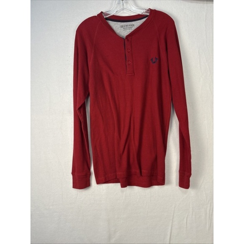 True Religion Men's Small Red Buddha Henley Long Sleeve Thermal Shirt Logo K1221